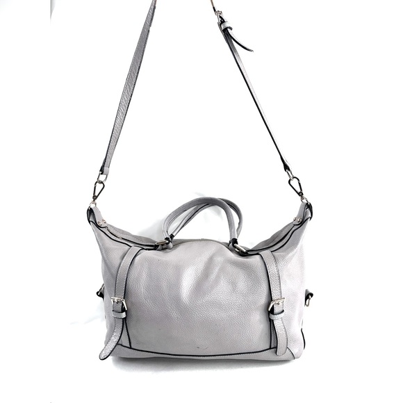 Ora Delphine Light Gray Pebbled Leather Medium Shoulder Bag Satchel Belted - Picture 1 of 15